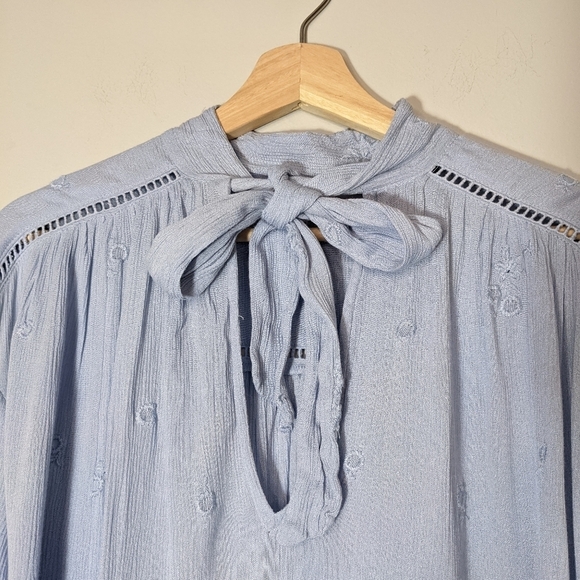 Free People Wishful Moments Tie Neck Blouse Blue Embroidered Long Sleeve Top S - Picture 8 of 16